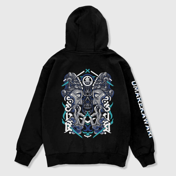 Umarekawari - A Japanese style black hoodie featuring a design of Buddhas confronting the evil illustration on the back, with Japanese characters printed on the right sleeve.