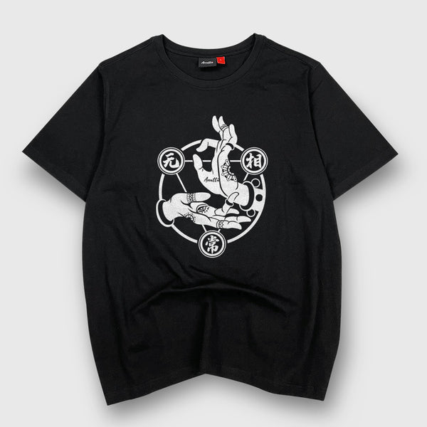 Mudra - A Japanese style black heavyweight T-shirt featuring a graphic design of Buddhism Mudra printed on the front