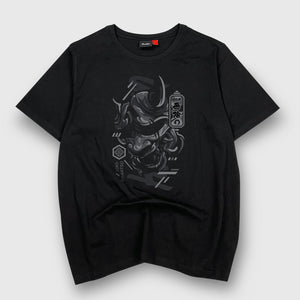 unleash emotion's complexity - A Japanese style black heavyweight T-shirt featuring the graphic design of traditional Japanese demon mask printed on the front.