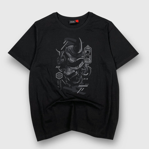 unleash emotion's complexity - A Japanese style black heavyweight T-shirt featuring the graphic design of traditional Japanese demon mask printed on the front.