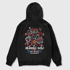 Not to believe in luck - A Japanese style black hoodie featuring a graphic design of a luck cat printed on the back
