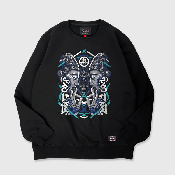 Umarekawari - A Japanese style black sweatshirt featuring a design of Buddhas confronting the evil illustration on the front