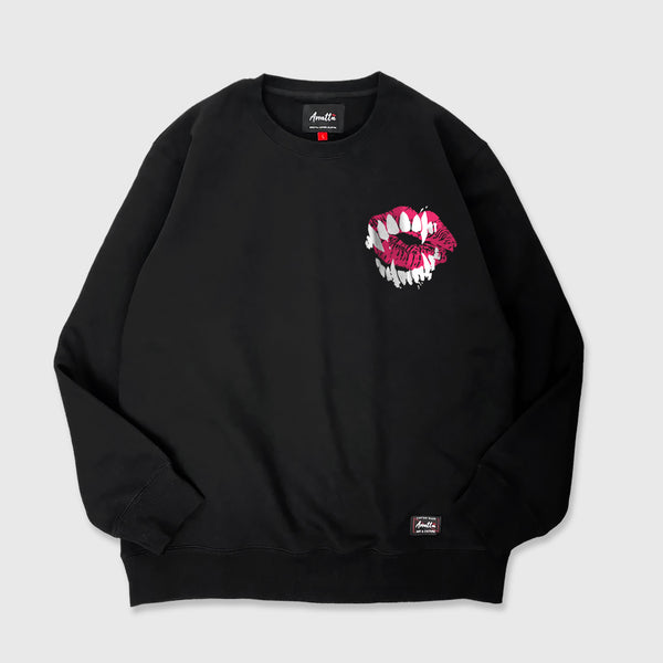 Chimei-teki - A Japanese style black sweatshirt featuring a design combining red lips with devilish teeth, printed on the left chest.