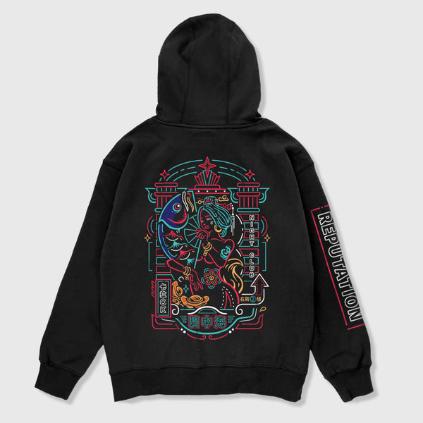 Neon - A Japanese style black hoodie featuring a design inspired by vintage Shanghai neon lights printed on the back, with a graphic printed on the right sleeve