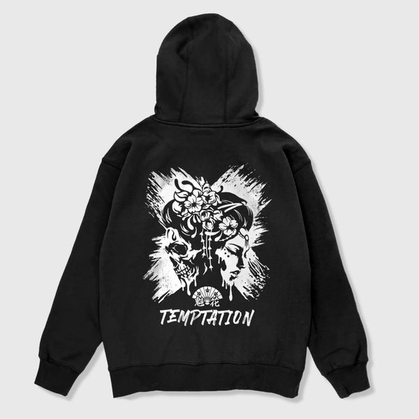 Oiran x Temptation - A Japanese style black hoodie featuring a design that combines oiran with a skull printed on the back