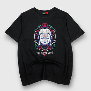 Buddha Head - a Japanese style black heavyweight T-shirt featuring the graphic design of a buddha head, printed on the front
