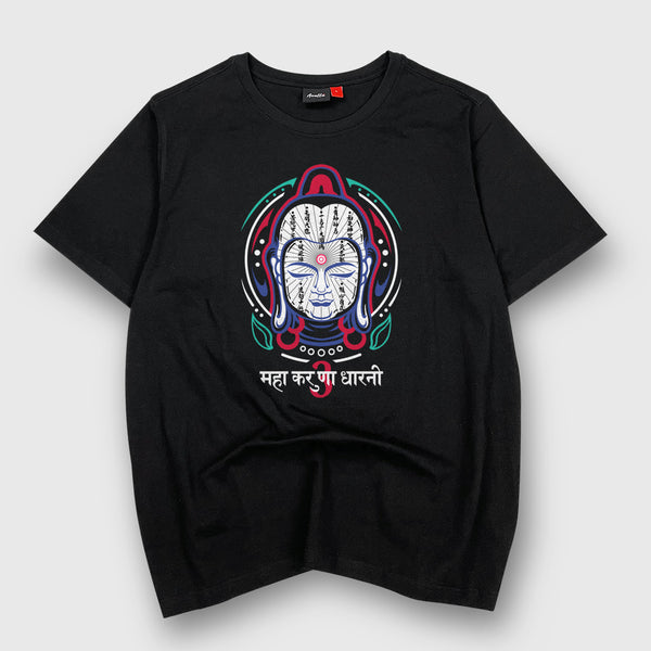 Buddha Head - a Japanese style black heavyweight T-shirt featuring the graphic design of a buddha head, printed on the front
