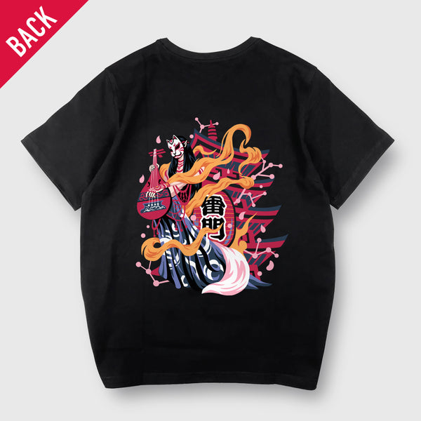 pipa-playing Buddhist semi-deity - A Japanese style black heavyweight T-shirt featuring a design of an oriental buddhist deity playing the pipa, printed on the back -back view