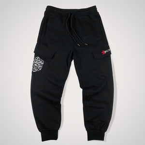 Onigawara - a Japanese style black flap pocket pants with original design printed on the two pockets- front view