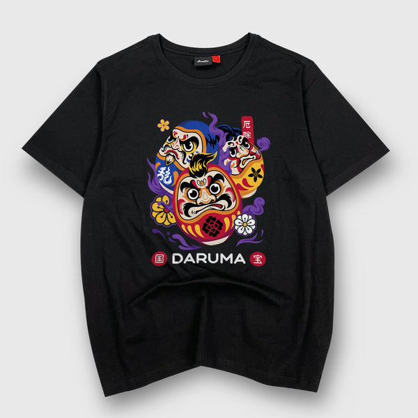 Daruma - A Japanese style black heavyweight T-shirt featuring a graphic design of Japanese drama doll printed on the front
