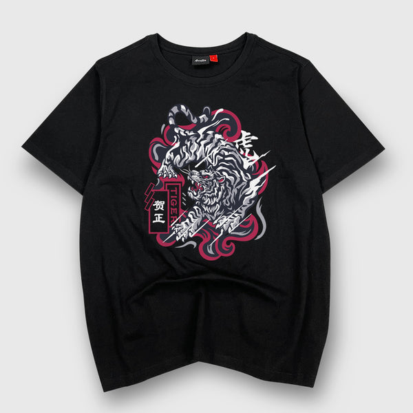 the tiger - A Japanese style black heavyweight T-shirt featuring an intricate illustration of a fierce Japanese tiger, printed on the front