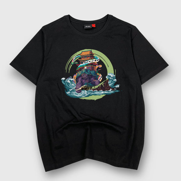 Black Tortoise - a Japanese style black heavyweight T-shirt featuring an intricate graphic design of the black tortoise entwined together with a snake, printed on the front