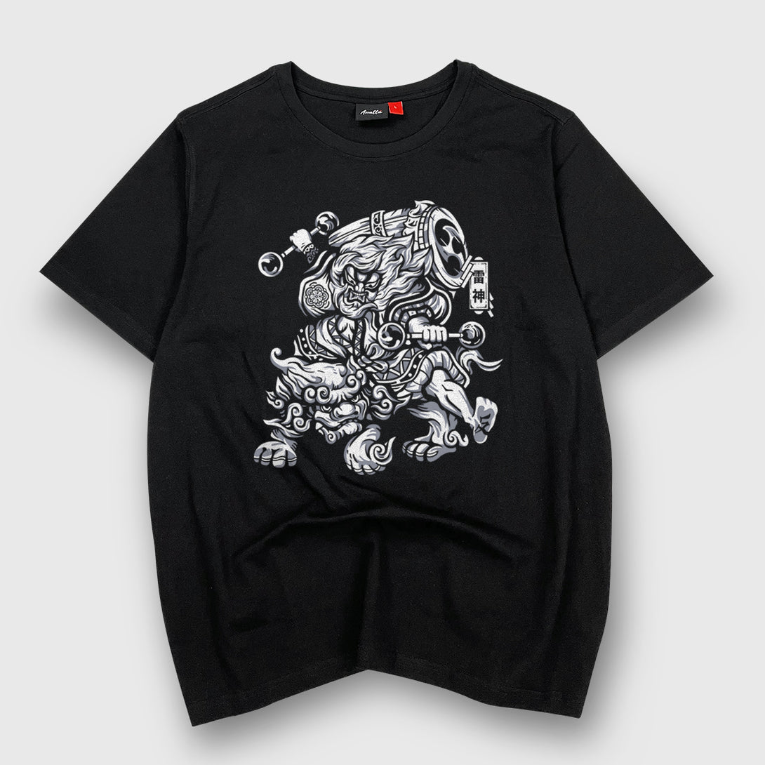 Oriental Thunder God - A Japanese style black heavyweight T-shirt featuring the oriental thunder god  graphic design printed on the front.