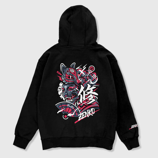 Zenko - A Japanese style black hoodie with the Japanese mythical Zenko illustration printed on the back, small graphic printed on the right sleeve