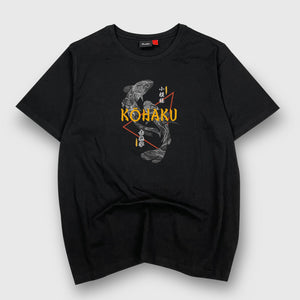 KOI- a Japanese style black heavyweight T-shirt featuring a design of traditional Japanese koi fish, printed on the front