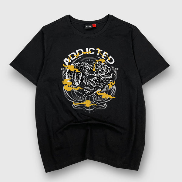 Addiction - A Japanese style black heavyweight T-shirt featuring the design of a dragon and a snake in combat, printed on the front