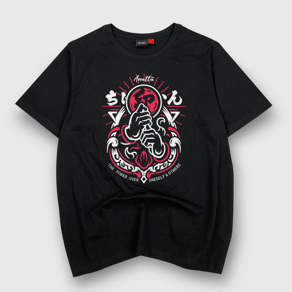 Retsu - A Japanese style black heavyweight T-shirt featuring a design of the Japanese ninja gestures printed on the front