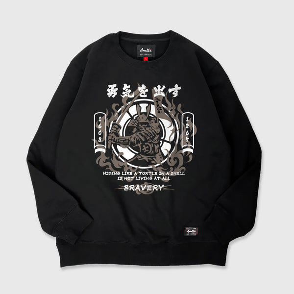 Bravery - A Japanese style black sweatshirt featuring a design of a Japanese samurai, printed on the front.