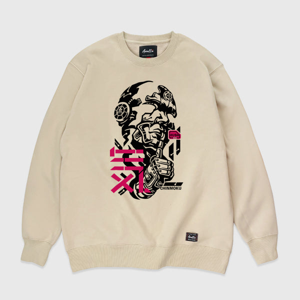 Chinmoku - Front view of a Japanese khaki sweatshirt, featuring a design of a Japanese mecha-style robot face printed on the front