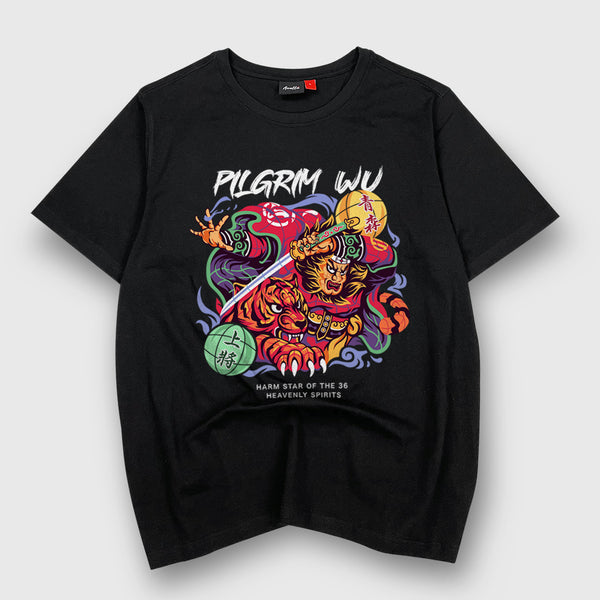 Nebuta Festival - A Japanese style black heavyweight T-shirt with a Nebuta Festival-inspired design depicting a warrior and a tiger, printed on the front