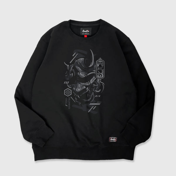 unleash emotion's complexity - A Japanese black sweatshirt with a design of traditional Japanese demon mask on the front.