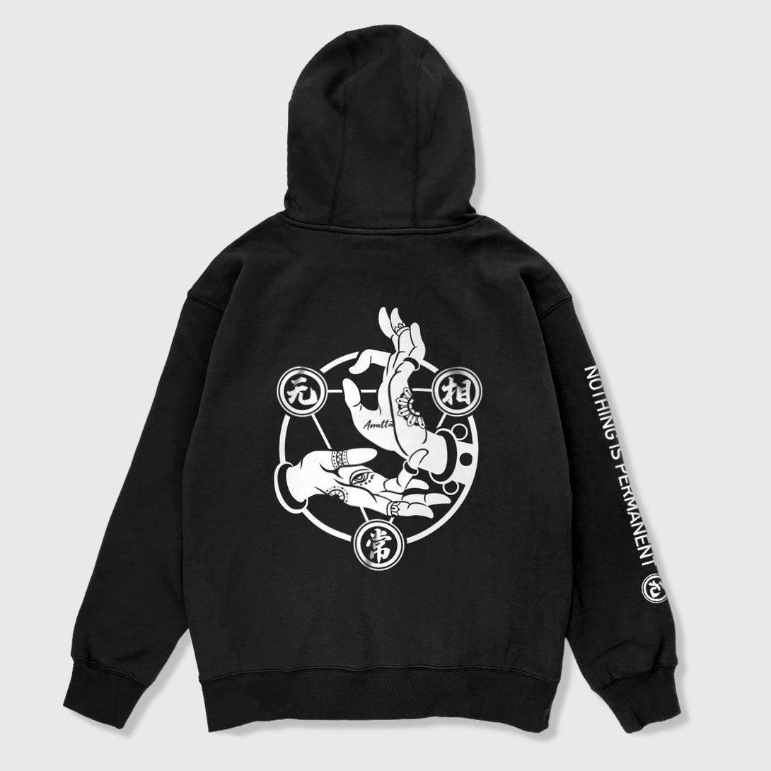 Mudra - A Japanese style black hoodie featuring a graphic design of Buddhism Mudra printed on the back 