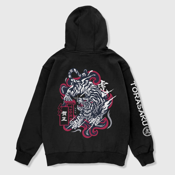 The tiger - A Japanese style black hoodie showcasing an intricate illustration of a fierce Japanese tiger printed on the back, Japanese characters printed on the right sleeve