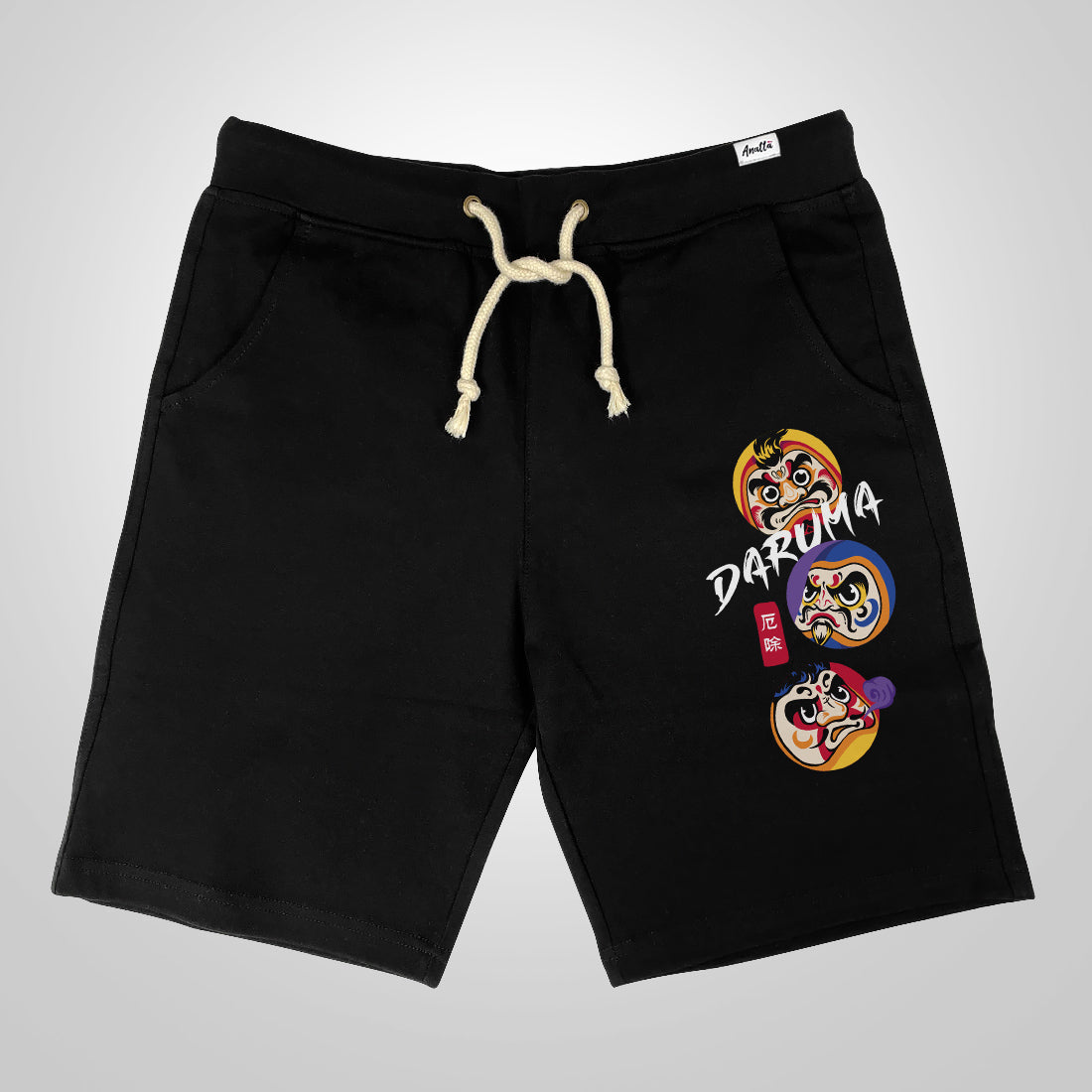 Daruma - A Japanese style black shorts featuring the Japanese daruma design printed on the left.