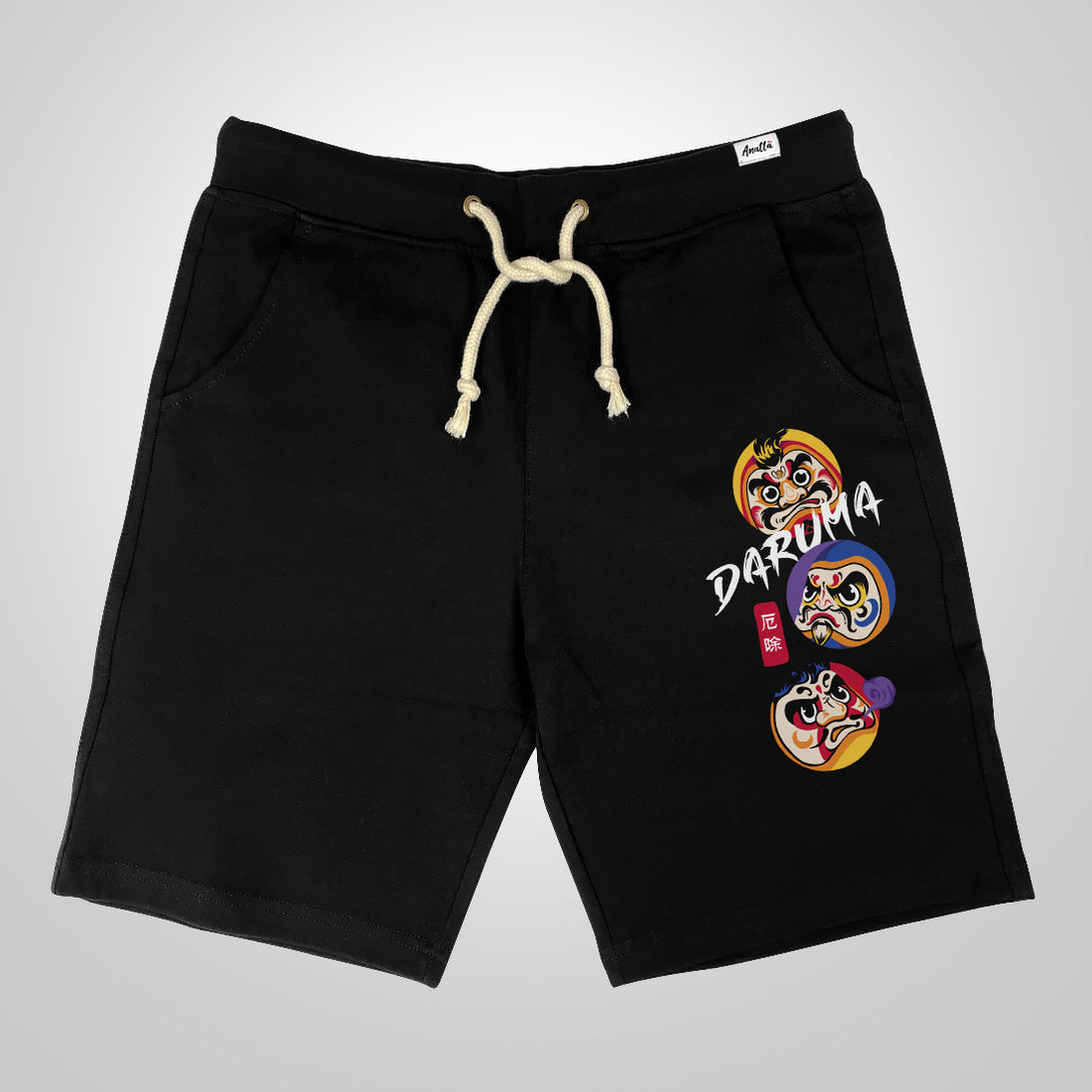 Daruma - A Japanese style black shorts featuring the Japanese drama design printed on the left.