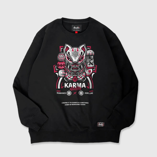lucky cat with evil mask - A Japanese black sweatshirt featuring a design of a japanese style lucky cat with evil mask printed on the front