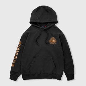 Kabuto - Front view of the Japanese style black hoodie, featuring a small graphic design on the front, The word 'samurai' printed on the right sleeve.