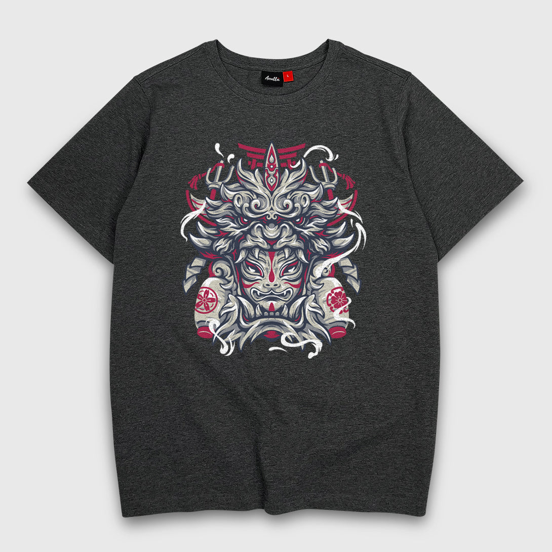 Kitsune - A Japanese style dark grey heavyweight T-shirt featuring the design of an intricate Japanese-style kitsune printed on the front