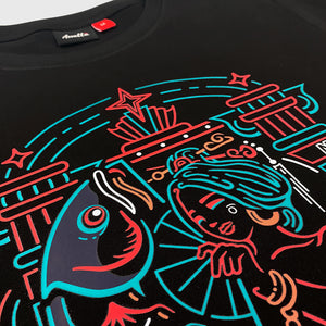 Neon - a close-up of featuring the graphic design inspired by vintage Shanghai neon lights, printed on the front of a Japanese style black heavyweight T-shirt-1