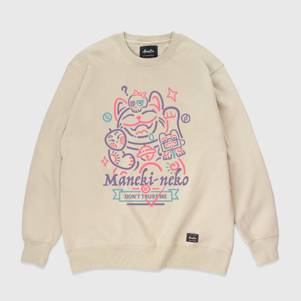 Not to believe in luck - A Japanese style khaki sweatshirt featuring a Japanese luck cat design printed on the front