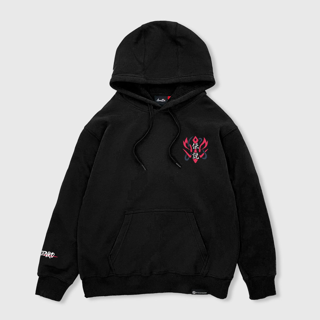 Zenko - Front view of the Japanese style black hoodie, featuring a small graphic design