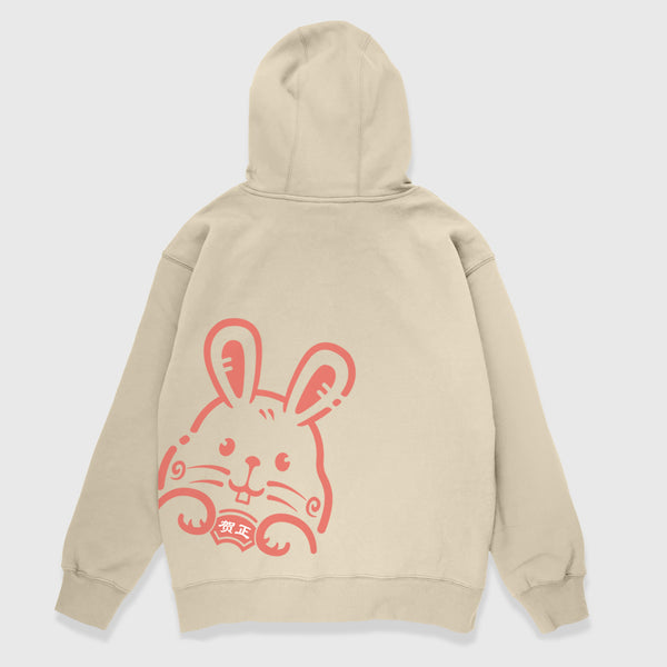 The Year of Rabbit - A Japanese style khaki hoodie featuring a rabbit graphic printed on the back 