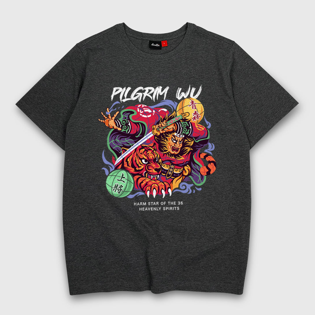 Nebuta Festival - A Japanese style dark grey heavyweight T-shirt with a Nebuta Festival-inspired design depicting a warrior and a tiger, printed on the front