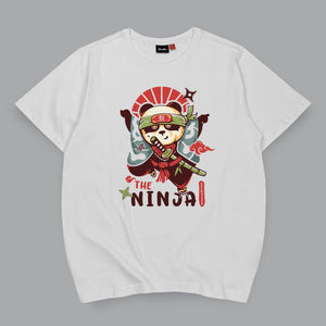 Oversized Ninja - a Japanese style white heavyweight T-shirt featuring an amusing graphic design of an oversized Japanese panda ninja, printed on the front