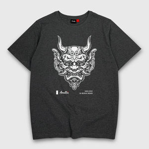 Sins Exist In Human Minds - a Japanese style dark grey heavyweight T-shirt featuring the graphic design inspired by Japanese Oni masks, printed on the front
