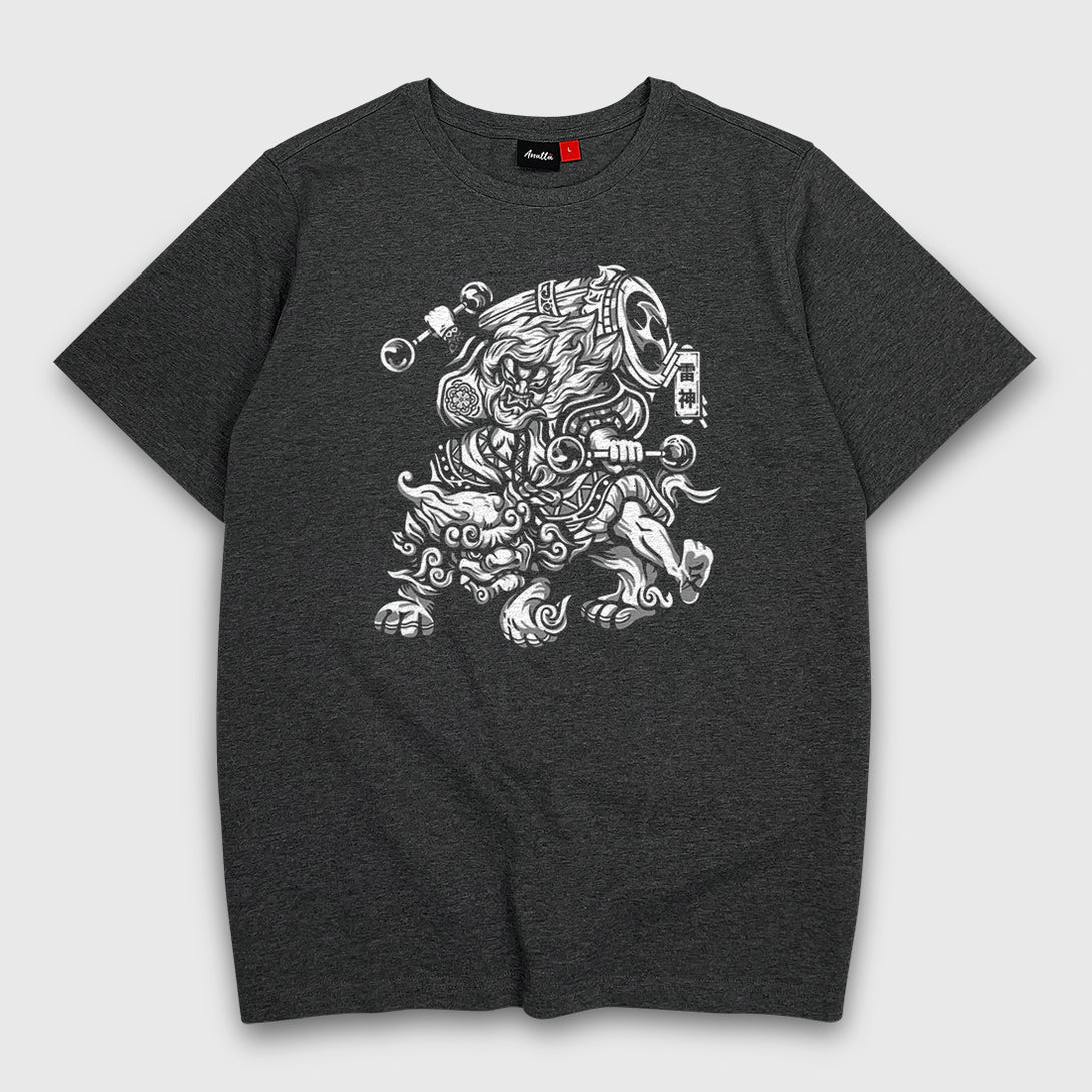 Oriental Thunder God - A Japanese style dark grey heavyweight T-shirt featuring the oriental thunder god  graphic design printed on the front.