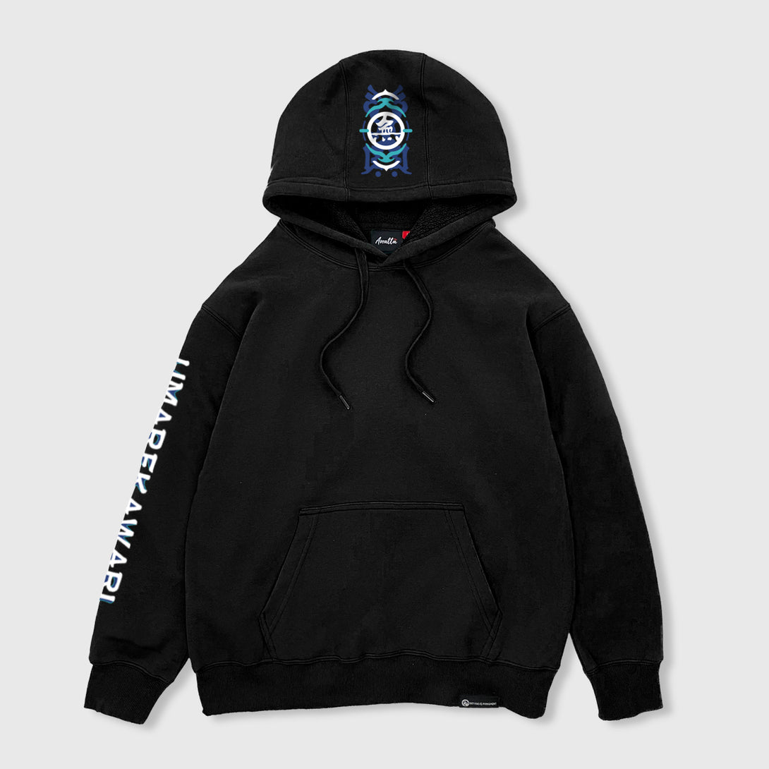 Umarekawari  - Front view of the Japanese style black hoodie, featuring a small graphic design printed on the hood