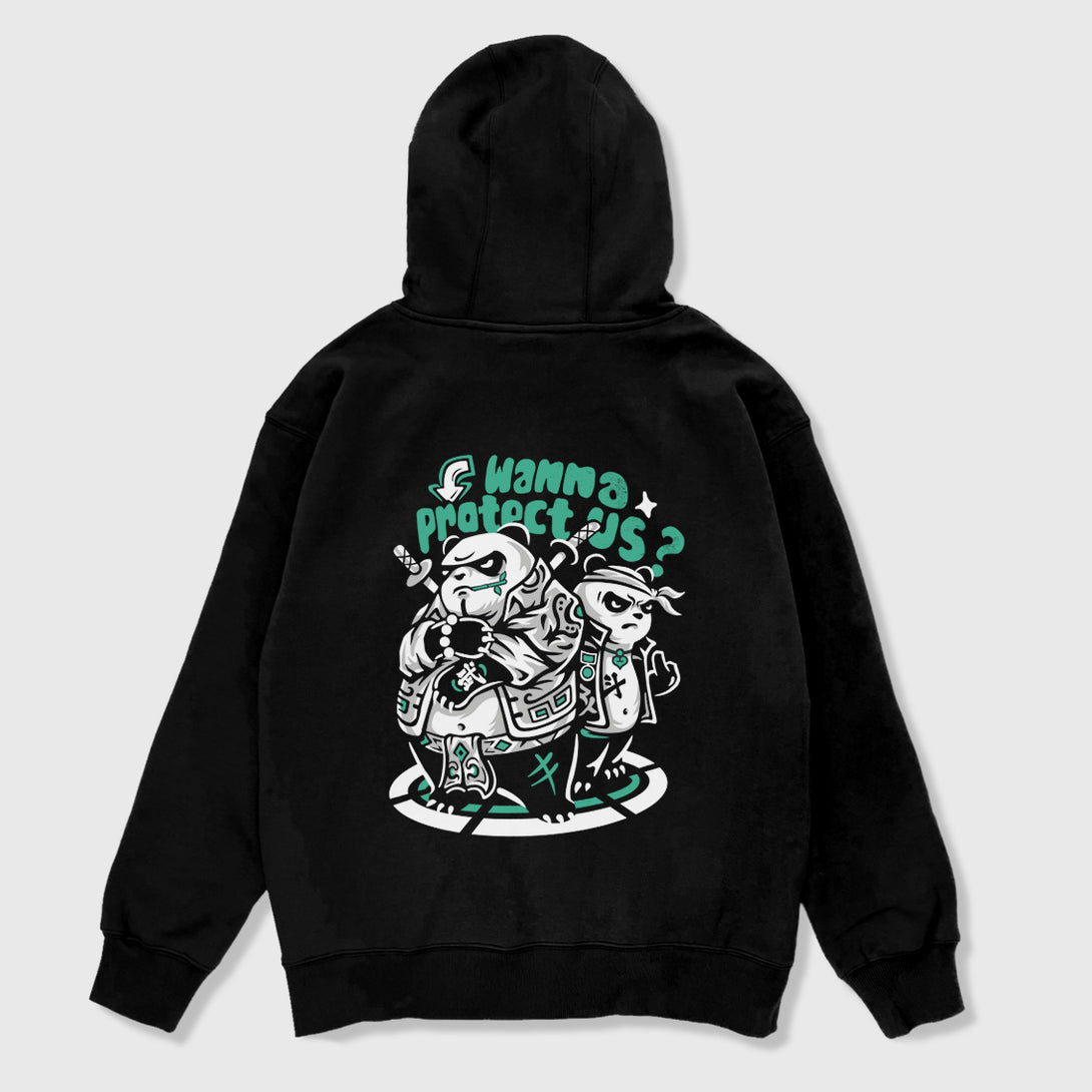 Panda Gang - A Japanese style black hoodie featuring a graphic design of two fierce panda gang members with the caption 'wanna protect us?' printed on the back 