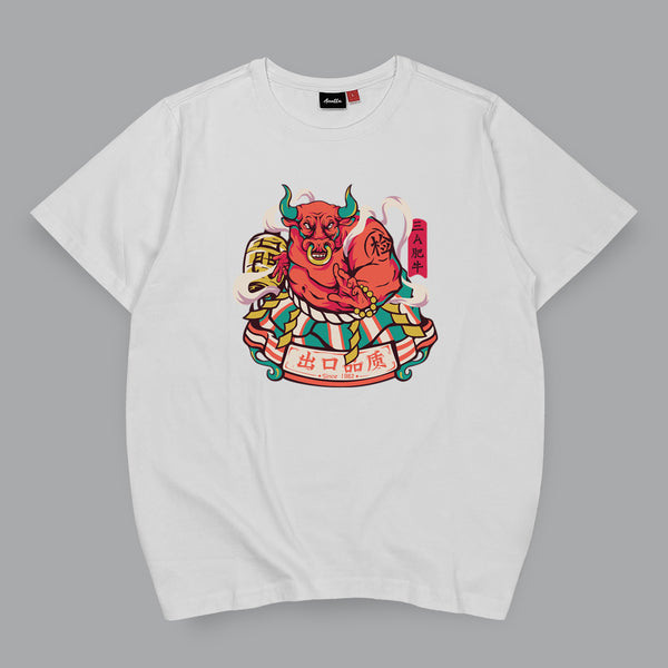 Bull Sumo - a Japanese style white heavyweight T-shirt featuring the design of a Japanese bull sumo, printed on the front