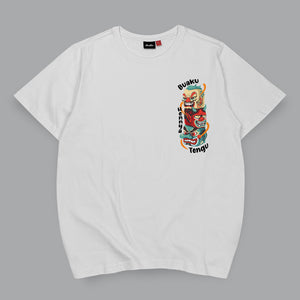 Legendary creatures- a Japanese style white heavyweight T-shirt featuring a design of legendary creatures found in Japanese folk religion, printed on the front