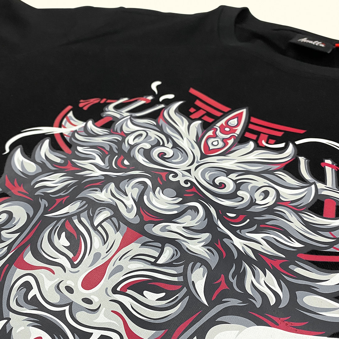 Kitsune - a close-up of the design of an intricate Japanese-style kitsune printed on the front of a Japanese style black heavyweight T-shirt -2