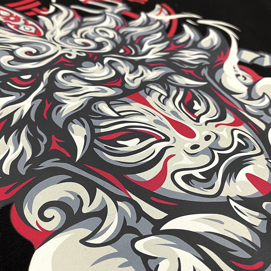 Kitsune - a close-up of the design of an intricate Japanese-style kitsune printed on the front of a Japanese style black heavyweight T-shirt -3