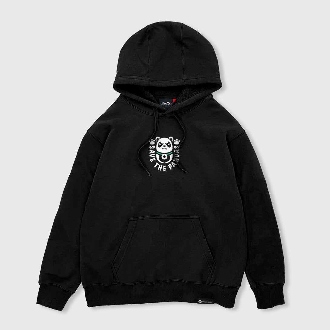 Panda Gang - Front view of the Japanese style black hoodie, featuring a small graphic design on the front