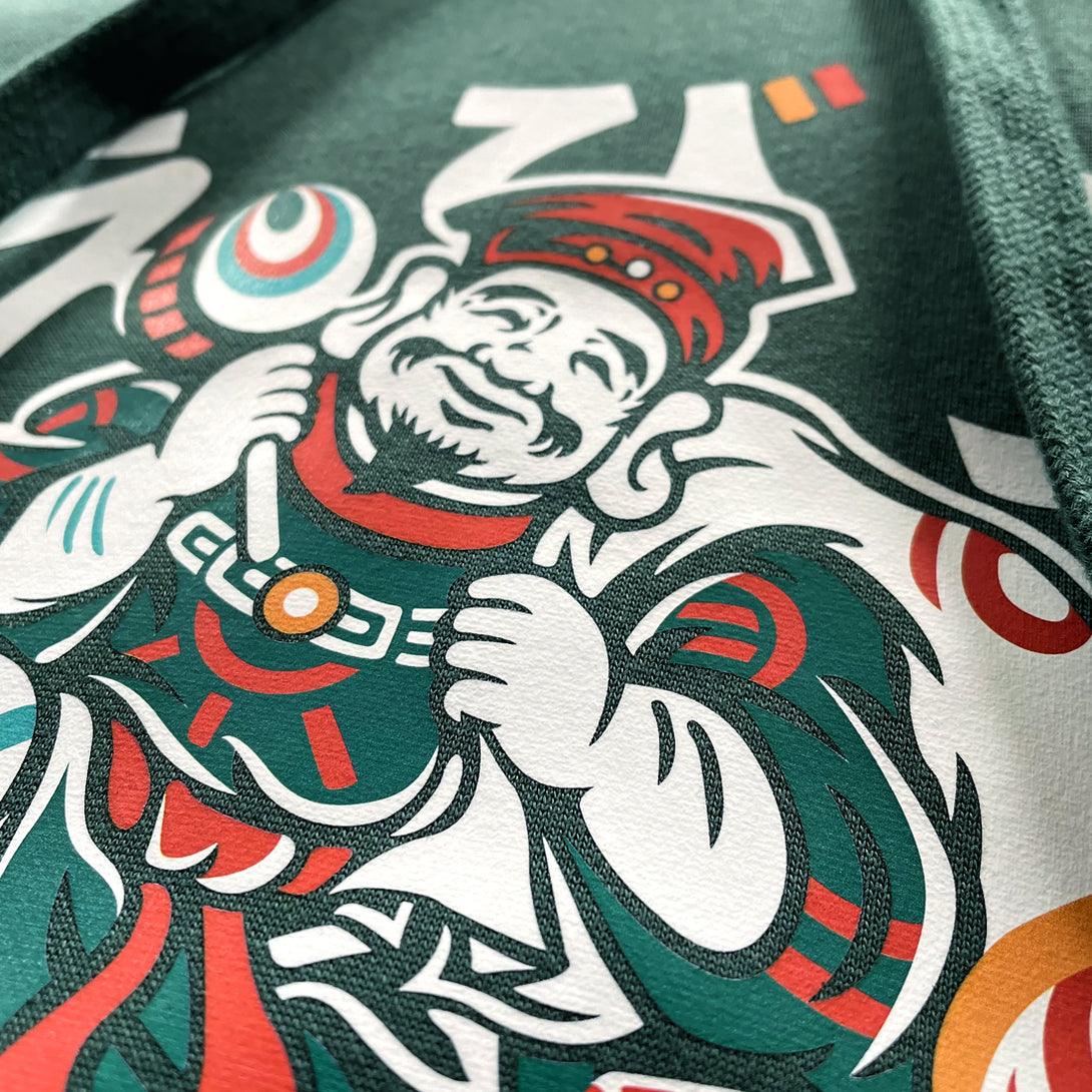 Ebisu - a close-up of the Ebisu graphic design printed on the front of the Japanese style dark green hoodie-1