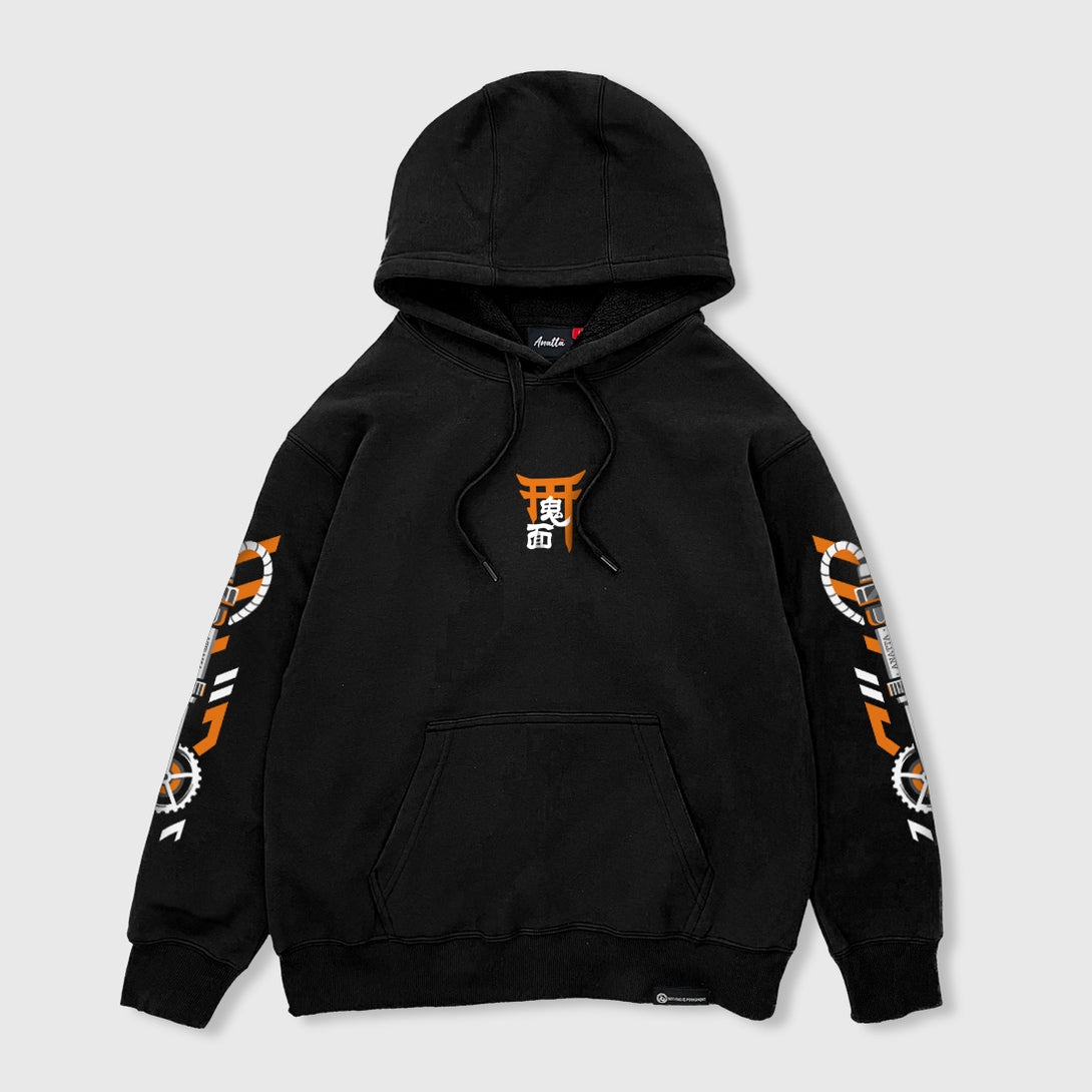 Oni mask - Front view of the Japanese style black hoodie, featuring a small graphic design on the front, graphics printed on the both sleeves