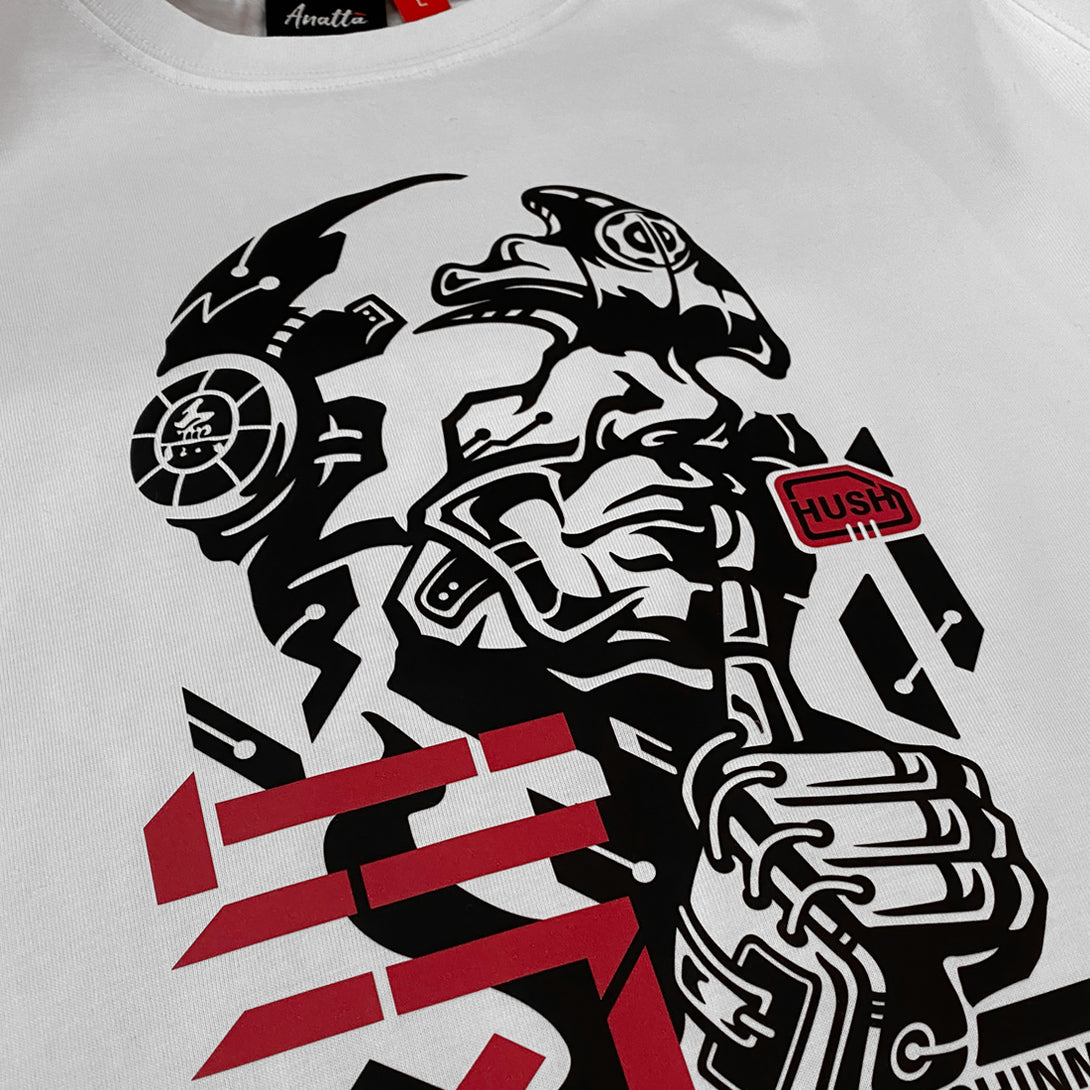 Chinmoku - a close-up of the design of a Japanese mecha-style robot face printed on the front of a Japanese style white heavyweight T-shirt -1